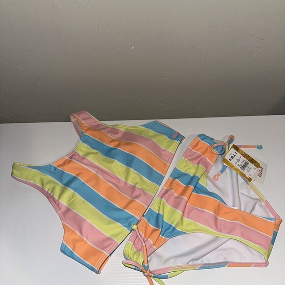 Roxy Girls' Last in Paradise Crop Top Swimsuit Set Bachelor Button Rainbow Ways - Picture 4 of 8